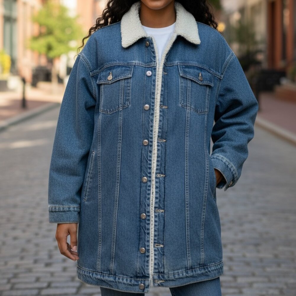 LNDN Denim Sherpa Lined Denim Trench Coat Style Jean Jacket -  Size Medium (NWT)